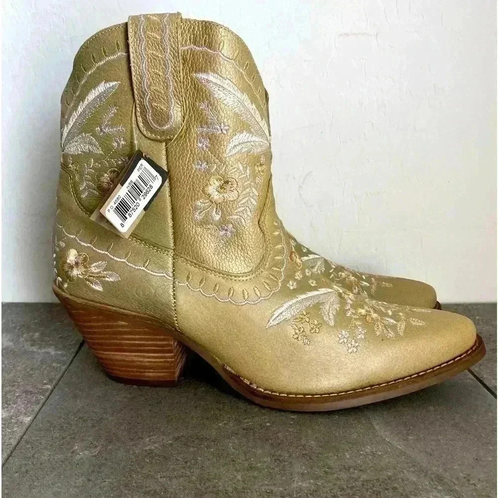 NEW DINGO PRIMROSE Embroidered Floral Western Leather Gold Snip Toe Booties 11M